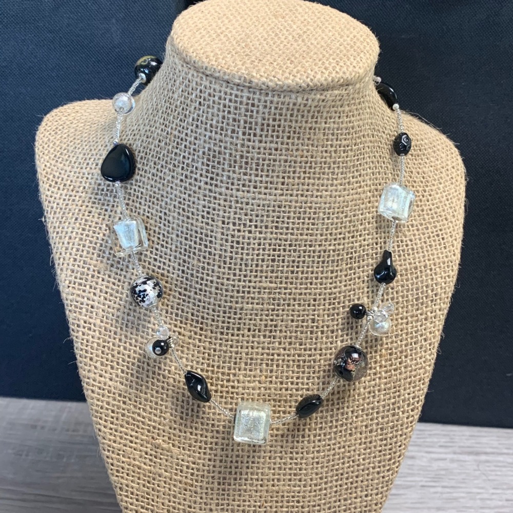 Artisan Murano Style Glass Bead Necklace Silver Foil Lampwork Black Clear 4926